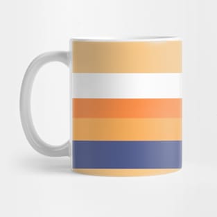 A capital batter of Twilight, White, Sandy, Pale Orange and Royal Orange stripes. Mug